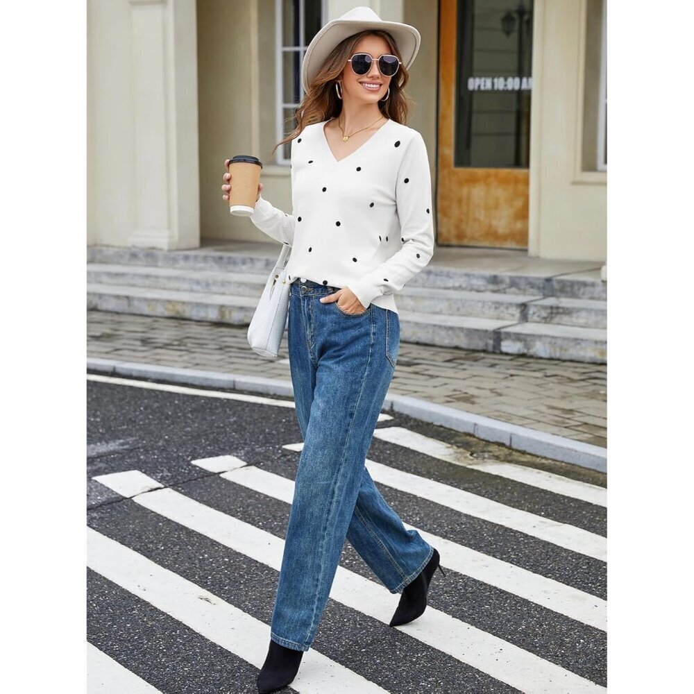 Women Sweaters Polka Dot V-Neck Long Sleeve Lightweight Knit Casual - Picture 4 of 6